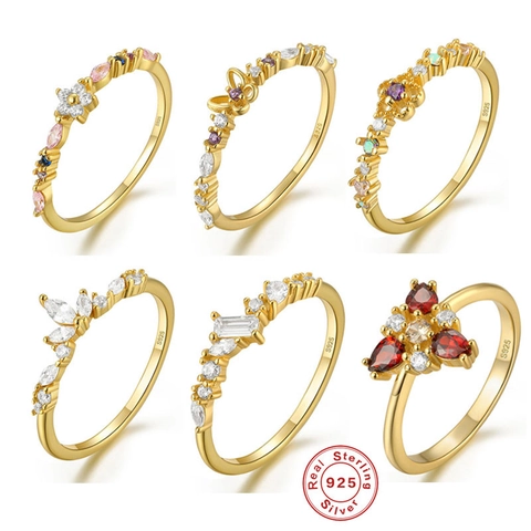 Women 925 Sterling Silver Ring Gold Plated Colorful Cubic Zirconia Flower Butterfly Crown Shape Elegant Jewelry Gift