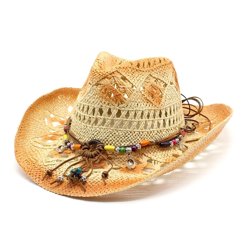 Western Cowboy Straw Hat Bohemian Hollow Out Wide Brim Sun Protection Summer Beach Gradient Color With Shell Beads