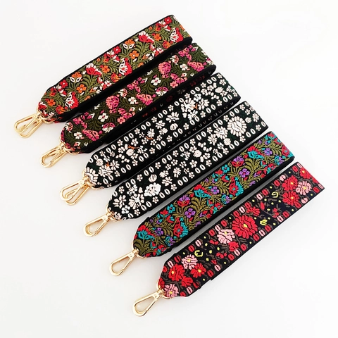 Wide Shoulder Bag Strap Polyester Cotton Flower Embroidery Bohemian Style Vintage Replacement With Metal Hooks