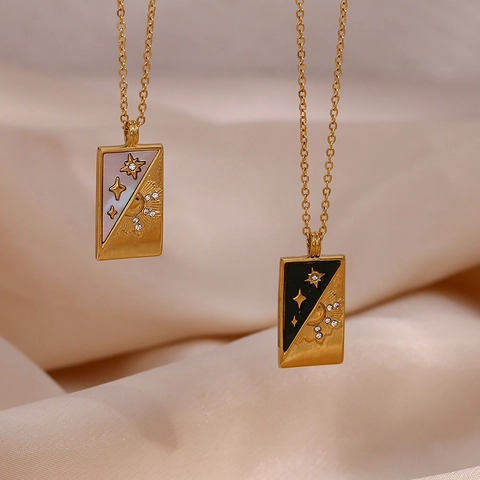 Collar Con Colgante De Carta De Tarot Acero Inoxidable Concha Circón Sol Estrella Rectángulo Chapado En Oro