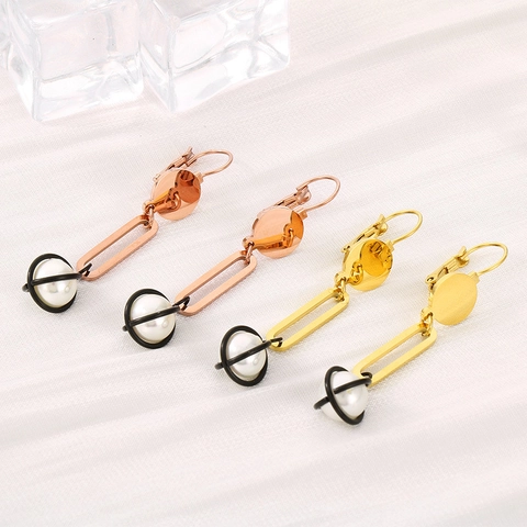 Orecchini Pendenti Con Perla Artificial Di Conchiglia Lunghi Acciaio Inossidabile Catena Rettangolare Geometrica Gioielli Eleganti Donna