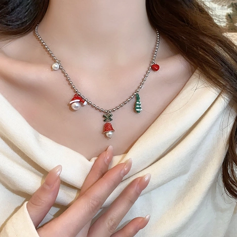 Collar De Navidad Aleación Estrás Esmalte Corazón Árbol Campana Sombrero Colgantes Cadena De Bolas Plata Joyería Festiva