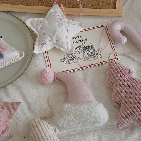 Christmas Hanging Ornaments Fabric Corduroy Plush Star Tree Candy Cane Xmas Tree Decor Pink Beige Korean Style Handmade
