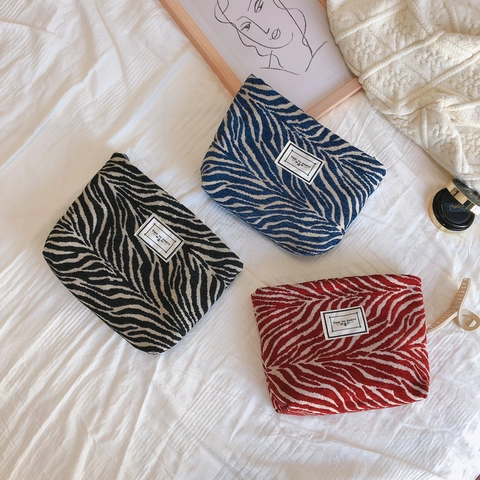 Vintage Make-uptas Met Zebramotief Chenille Geometrische Textuur Clutch Met Rits En Katoenen Voering Modieuze Opbergtas