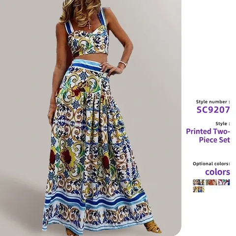 Top Con Spalline Stampa Floreale E Gonna Lunga A Balze Completi Da Spiaggia Estate Stile Mediterraneo Poliestere