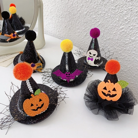 Halloween Haarclips En Hoofdbanden Mini Heksenhoed Pompoen Vleermuis Geest Glitter Stof Mesh Voor Party Cosplay Accessory