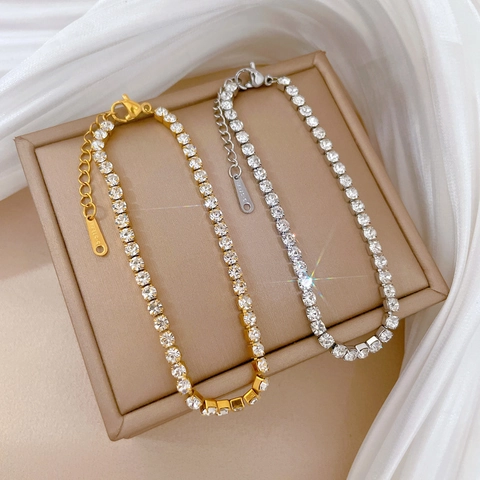 Bracelet Tennis En Zircon Étincelant Pour Femmes Minimaliste En Acier Inoxydable Coupe Ronde Bijoux Cadeau
