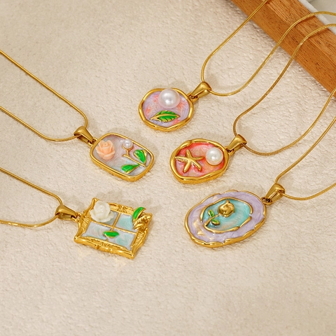 Collana Con Pendente Floreale Vintage Acciaio Inossidabile Placcato Oro 18k Smalto Perla Artificial Stile Giardino Monet Da Donna