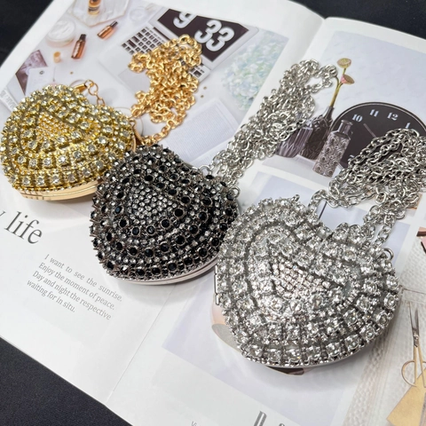 Heart Shaped Evening Bag Rhinestone Crystal Crossbody Handbag With Chain Strap For Women Party Wedding Shiny Luxury Tassel Clutch