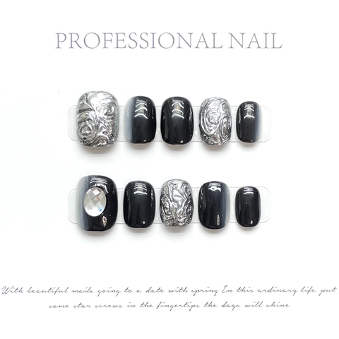 Handgemaakte Press On Nails Met 3D Rhinestones En Spiegelreliëf Franse Stijl Metalen Gradiënt Luxe Vrouwen