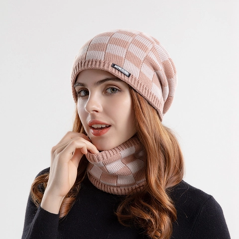 Winter Beanie Hat And Neck Warmer Acrylic Knitted Thick Fleece Lined Warm Checkerboard Pattern For Women Casual
