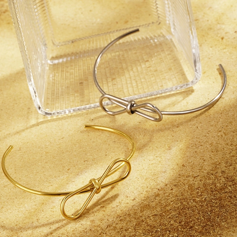 Minimalist Bow Knot Open Cuff Bracelet 18K Gold Plated Stainless Steel Jewelry For Women Elegant Adjustable Bangle Style