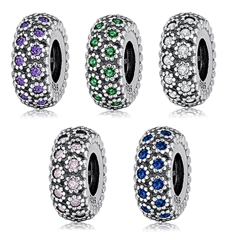 925 Sterling Silver Flower Spacer Charm Beads With Colorful Cubic Zirconia Paved For Bracelet Necklace DIY Jewelry Making