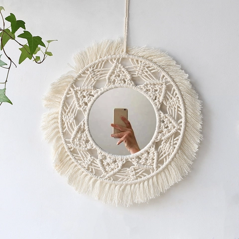 Bohemian Macrame Wall Mirror Hand Woven Cotton Rope Round Fringed Tassel Decorative Mirror For Home Living Room Bedroom
