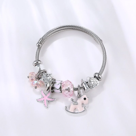 Women DIY Beaded Stainless Steel Bracelet With Pink Rocking Horse Starfish Charms Rhinestone Heart Pendant Fashion Jewelry