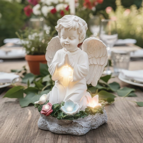 Solar Powered Kneeling Praying Angel Statue Resin Cherub Figurine With LED Light Cross For Garden Yard Patio Decor