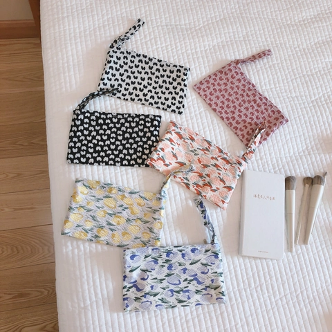 Floral Cotton Canvas Wristlet Clutch Mini Makeup Pouch Zipper Phone Bag Small Portable Storage Handbag For Women