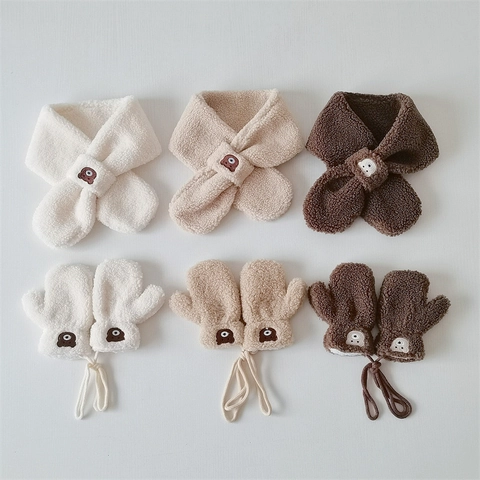 Children's Winter Warm Bear Embroidery Fleece Glove Scarf Baby Thickened Plush Mittens Neck Warmer Accessories
