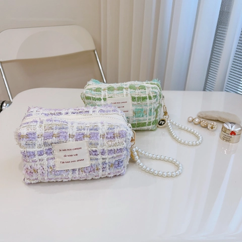 Elegant Tweed Makeup Bag With Artificial Pearl Handle Gold Thread Bow Pendant Simple Stylish Small Square Handbag