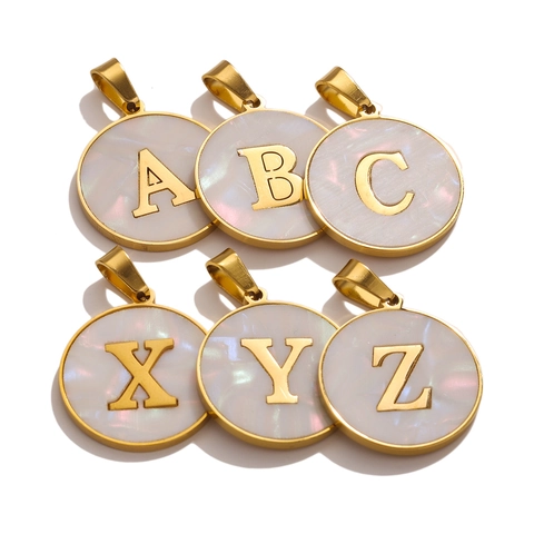 Runder Alphabet Anhänger Edelstahl Perlmutt Inlay Initialen Charme DIY Schmuckherstellung Halsketten Vergoldete Scheibe