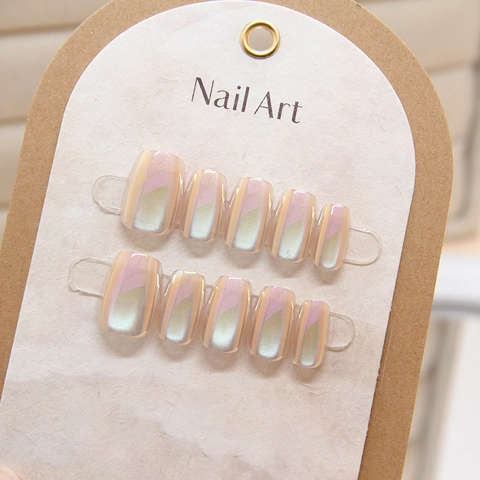 Cat Eye Mirror Press On Nails Aurora Gradient Artificial Pearl Luster Square Round Short Length False Nails For Women