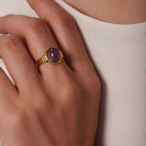 Vintage 18K Gold PVD Roestvrij Staal Ovaal Paars Groen Steen Verstelbare Open Ring Retro Niche Design Sieraden Voor Vrouwen