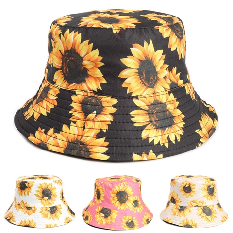 Chapeau Bob Réversible Imprimé Tournesol Coton Polyester Protection Solaire Été Extérieur Respirant