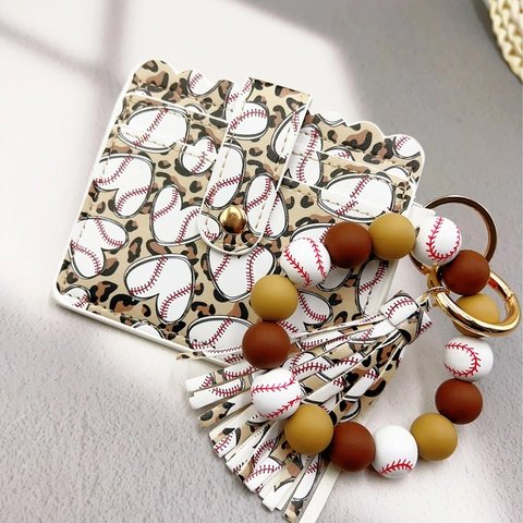 Sports Ball Pattern PU Leather Card Holder Wallet with Silicone Beaded Wristlet Keychain Tassel for Women Baseball Football
