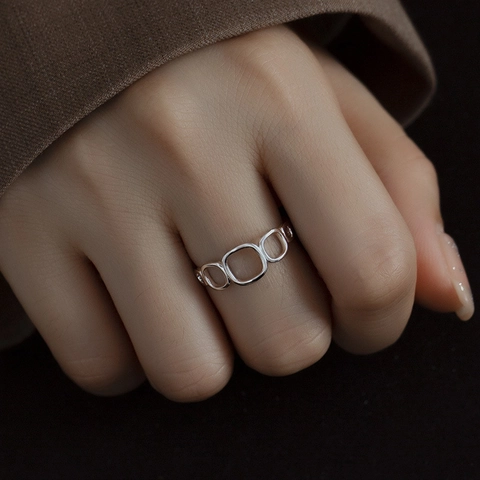 Bague En Argent Sterling 925 Minimaliste Géométrique Creuse Carrée Ajustable Ouverte Pour Femme Bijoux Cadeau