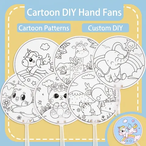 DIY Coloring Painting Hand Fan Cartoon Animal Outline Cardboard Paper Plastic Handle Creative Craft Kids Educational Hobby Toy