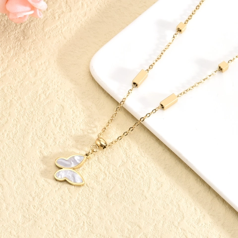 Collar Con Colgante De Mariposa Acero De Titanio Con Nácar Blanco Cadena De Bloques Geométricos Joyería Para Mujeres