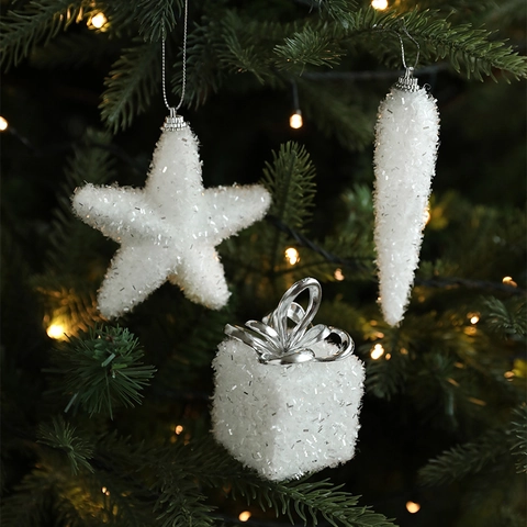 White Glitter Foam Christmas Tree Ornaments Star Icicle Gift Box Hanging Decorations For Xmas Holiday Party Home Indoor Decor