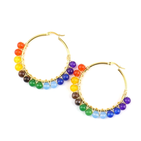 Handmade Wire Wrapped Gold Copper Hoop Earrings With Multicolor Natural Stone Beads Bohemian Crystal Drop Earrings For Women
