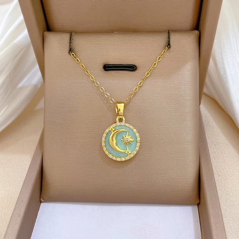 Collana Con Pendente A Medaglione Rotondo Acciaio Al Titanio Rame Luna Stella Smalto Zircone Pave Elegante Gioielli