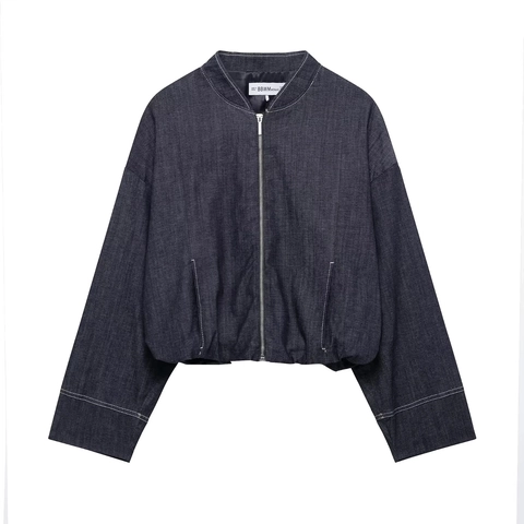 Marineblauwe Dames Denim Stijl Bomberjack Met Rits En Hoge Taille Geplooide Minirok Ballon Pasvorm Casual Streetwear