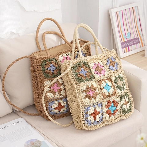Handmade Crochet Straw Tote Bag Granny Square Floral Patchwork Bohemian Beach Shoulder Bag Zipper Closure For Women