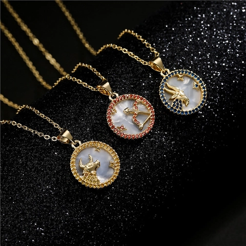 Collana Con Pendente Costellazioni Segno Zodiacale Placcato Oro Lega Conchiglia Strass Moneta Rotonda Gioielli Donna