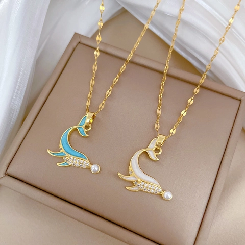 Collana Con Ciondolo A Delfino Catena In Acciaio Inossidabile Smalto Zircone Perla Artificial Gioielli Eleganti Per Donna Catenina