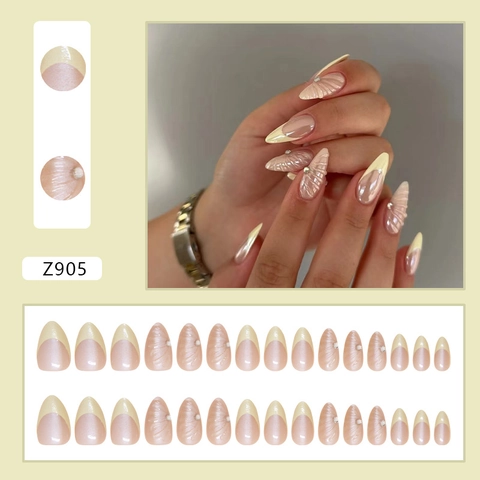 Französische Press On Nägel Gänsegelb 3D Muschelstruktur Perlmutt Glanz Strass Mandelform ABS Maniküre Für Frauen Elegante Nagelkunst