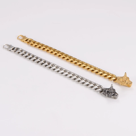 Pulsera De Cadena Cubana Cabeza De Lobo Acero Inoxidable Hip Hop Punk Gótico Joyería Para Hombre Pulido