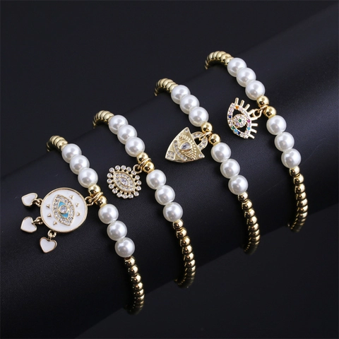 Evil Eye Künstliche Perlenarmband Kupfer Vergoldet Zirkonia Imitation Künstliche Perle Böhmischer Schmuck Für Damen