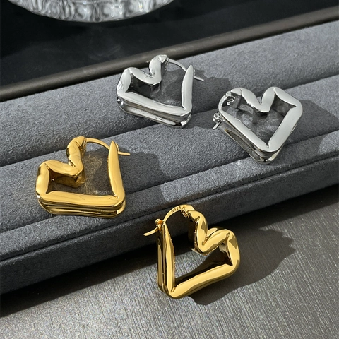 Irregular Heart Hoop Earrings Vintage Minimalist Brass With 925 Sterling Silver Earring Post Gold Silver Color Women