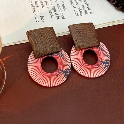 Geometrische Holz Harz Hängeohrringe Mit Silver Earring Post Bambusblatt Druck Retro Ethno Stil Schmuck Für Damen