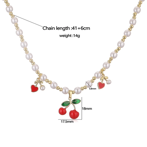 Collana Con Pendente A Cuore E Ciliegia In Rame Smaltato Con Perla Artificial Frutta Mela Stella Gioielli Per Donna