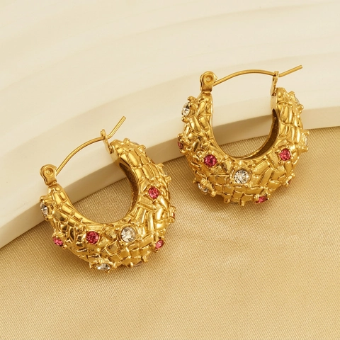 European American 18K Gold Plated Stainless Steel Rhinestone Hoop Earrings French Vintage U-Shaped Textured Earrings For Women
