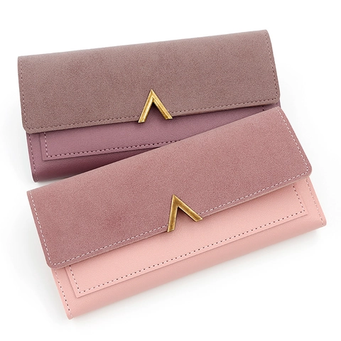 Womens Long Wallet PU Leather Spliced Patchwork Gold V Metal Buckle Bifold Multi Card Slots Clutch Purse Fashion Simple