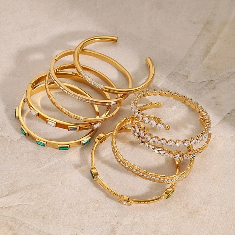 Fashion Stainless Steel Bangle For Women Gold Plated Zircon Inlaid Open Cuff Bracelet Waterproof Hypoallergenic Jewelry