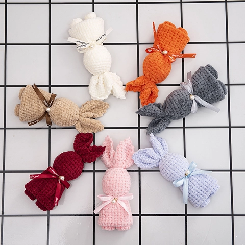Coral Fleece Animal Shaped Towel Bear Rabbit Ribbon Artificial Pearl Decor Wedding Birthday Party Favor Gift Soft Absorbent Pocket Accessory