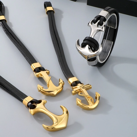 Bracciale Da Uomo Con Ancora In Vera Pelle Di Mucca Intrecciata Chiusura In Acciaio Inossidabile Stile Punk