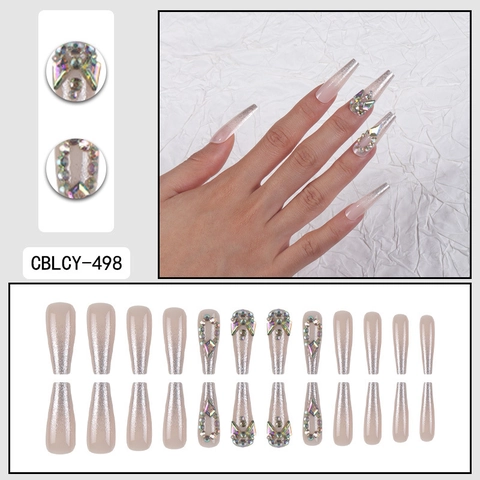 Unghie Finte Lunghe Coffin Glitter Sfumato Aurora Strass Lusso Rimovibili Per Donna